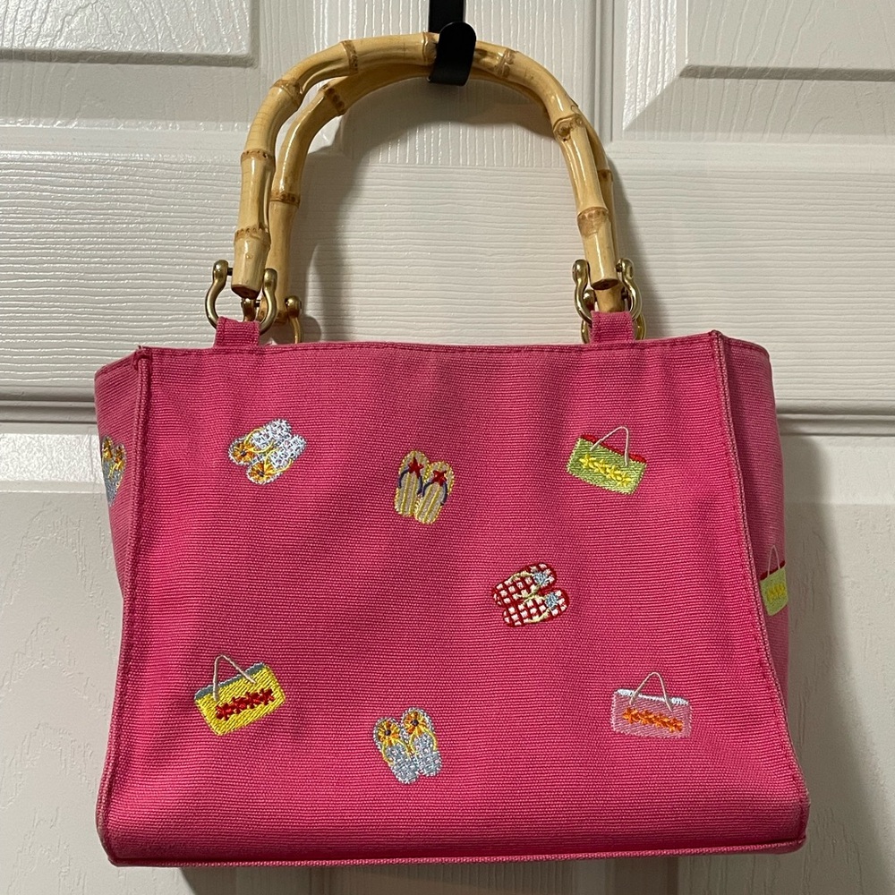 Y2K Pink green purse embroidered details and bamboo handle small hand bag